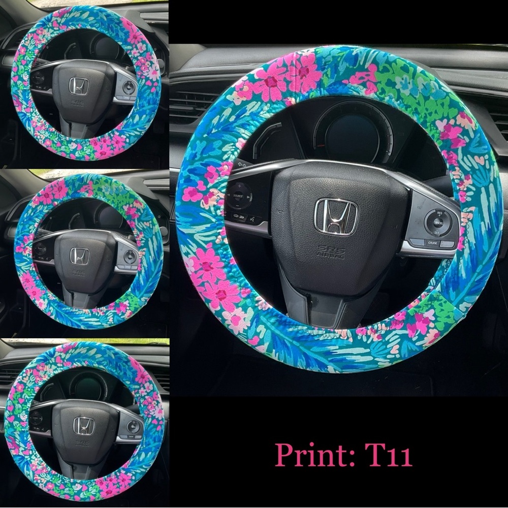 Floral Blue And Pink Steering Wheel Cover